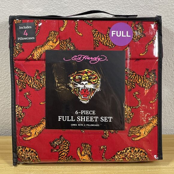 Ed Hardy FULL Sheet Set 6-Piece Bold Dark Red with Tigers Print NEW - Picture 1 of 5